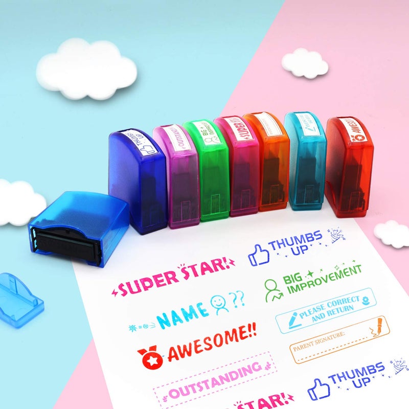 RELIANCER 8PCS Teacher Stamp Set Colorful Self-Inking Motivational Classroom Stamper for Grading Encouraging Rating Stamp Student Parent Signature Stamps for Homework School Homeschool Reward Supplies - Image 5